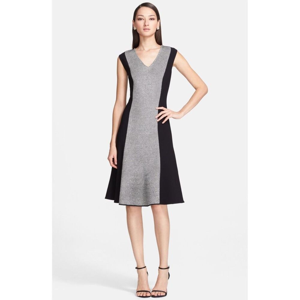 St John Mixed Knit Dress Women's 12 Black V Neck Chic Old Money Wool Sleeveless